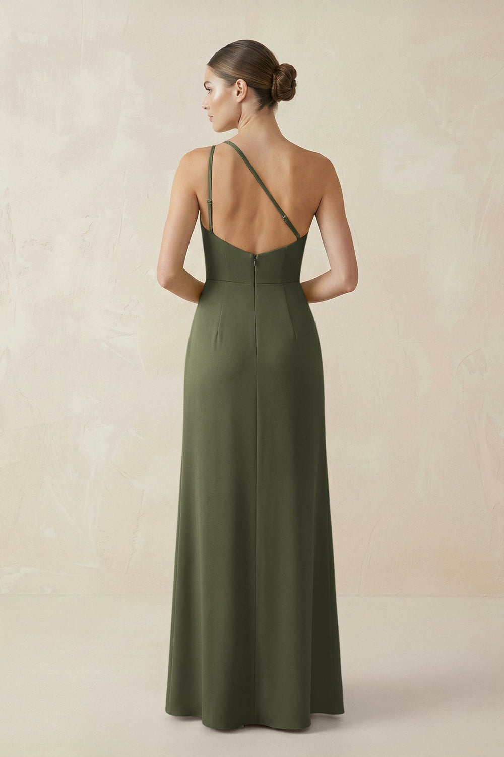 Sheath One - Shoulder Ruched Bridesmaid Dress With Slit in Willow Green - KissProm Bridesmaid Dresses