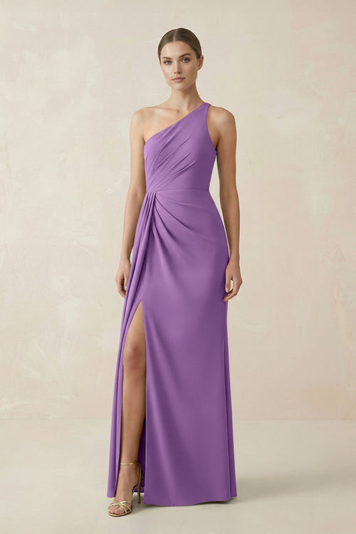 Sheath One - Shoulder Ruched Bridesmaid Dress With Slit in Wisteria - KissProm Bridesmaid Dresses