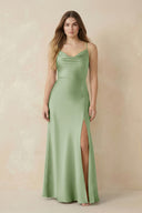 Spaghetti Strap Sheath Satin Bridesmaid Dress With Slit in Sage - KissProm Bridesmaid Dresses