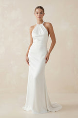 Sheath Satin Backless Halter Wedding Dress– Wedding Dresses by KissProm | Available at KissProm