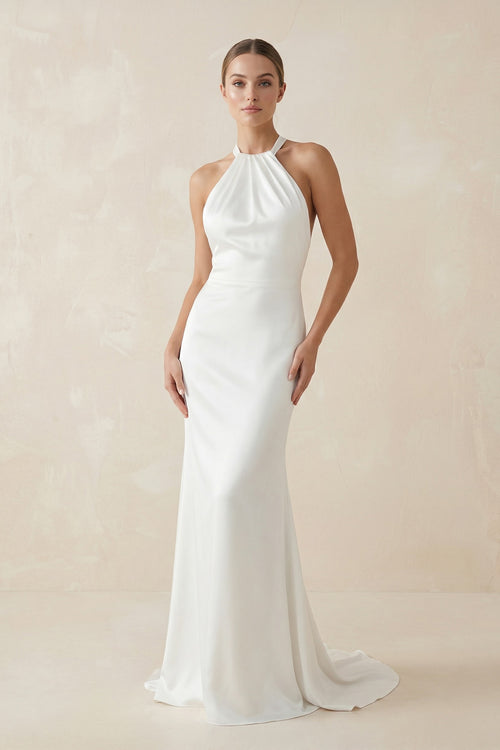 Sheath Satin Backless Halter Wedding Dress– Wedding Dresses by KissProm | Available at KissProm