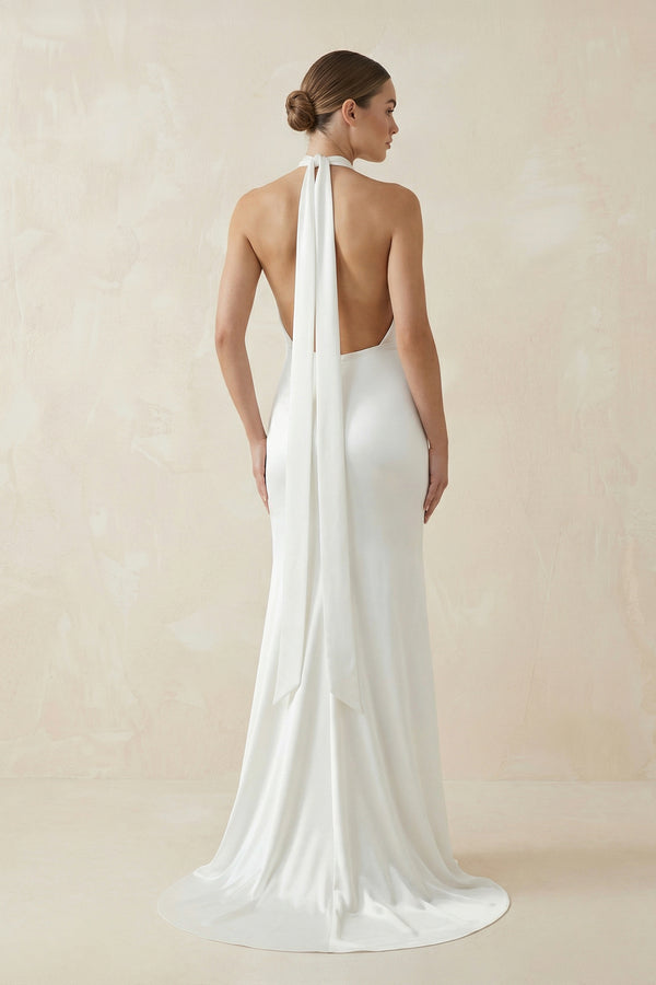 Sheath Satin Backless Halter Wedding Dress– Wedding Dresses by KissProm | Available at KissProm