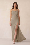 Sheath Satin Bridesmaid Dress with Side Slit in Almond - KissProm Bridesmaid Dresses