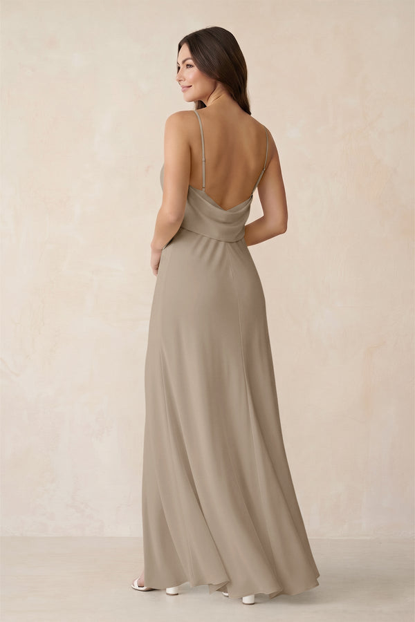 Sheath Satin Bridesmaid Dress with Side Slit in Almond - KissProm Bridesmaid Dresses
