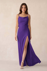 Sheath Satin Bridesmaid Dress with Side Slit in Amethyst - KissProm Bridesmaid Dresses