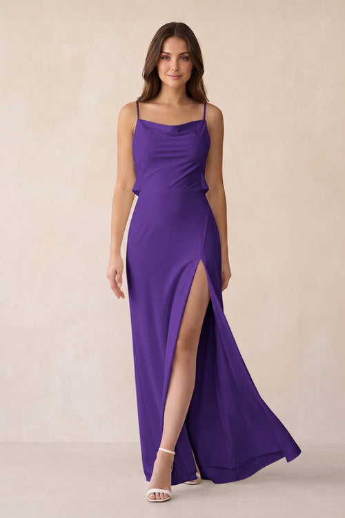 Sheath Satin Bridesmaid Dress with Side Slit in Amethyst - KissProm Bridesmaid Dresses