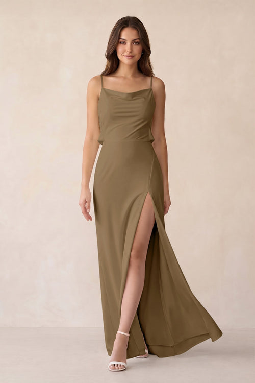 Sheath Satin Bridesmaid Dress with Side Slit in Apple Cinnamon - KissProm Bridesmaid Dresses
