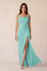 Sheath Satin Bridesmaid Dress with Side Slit in Aqua - KissProm Bridesmaid Dresses