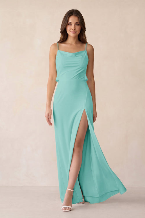 Sheath Satin Bridesmaid Dress with Side Slit in Aqua - KissProm Bridesmaid Dresses