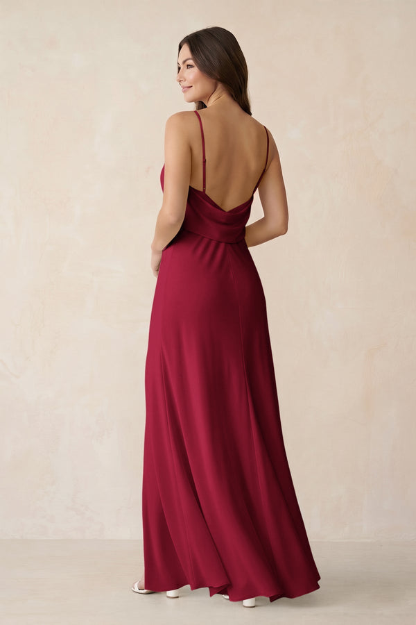 Sheath Satin Bridesmaid Dress with Side Slit in Berry - KissProm Bridesmaid Dresses