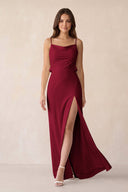 Sheath Satin Bridesmaid Dress with Side Slit in Berry - KissProm Bridesmaid Dresses