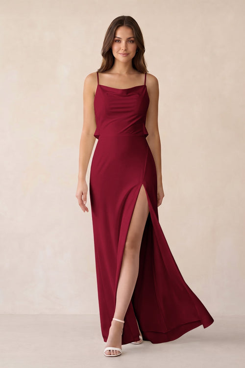 Sheath Satin Bridesmaid Dress with Side Slit in Berry - KissProm Bridesmaid Dresses