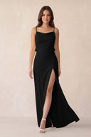 Sheath Satin Bridesmaid Dress with Side Slit in Black - KissProm Bridesmaid Dresses