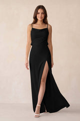 Sheath Satin Bridesmaid Dress with Side Slit in Black - KissProm Bridesmaid Dresses