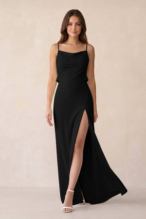 Sheath Satin Bridesmaid Dress with Side Slit in Black - KissProm Bridesmaid Dresses