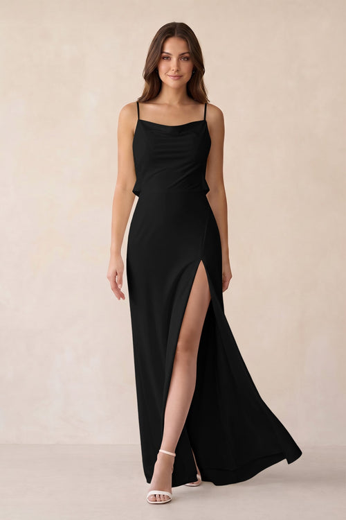 Sheath Satin Bridesmaid Dress with Side Slit in Black - KissProm Bridesmaid Dresses