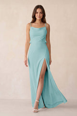 Sheath Satin Bridesmaid Dress with Side Slit in Bleached Aqua - KissProm Bridesmaid Dresses
