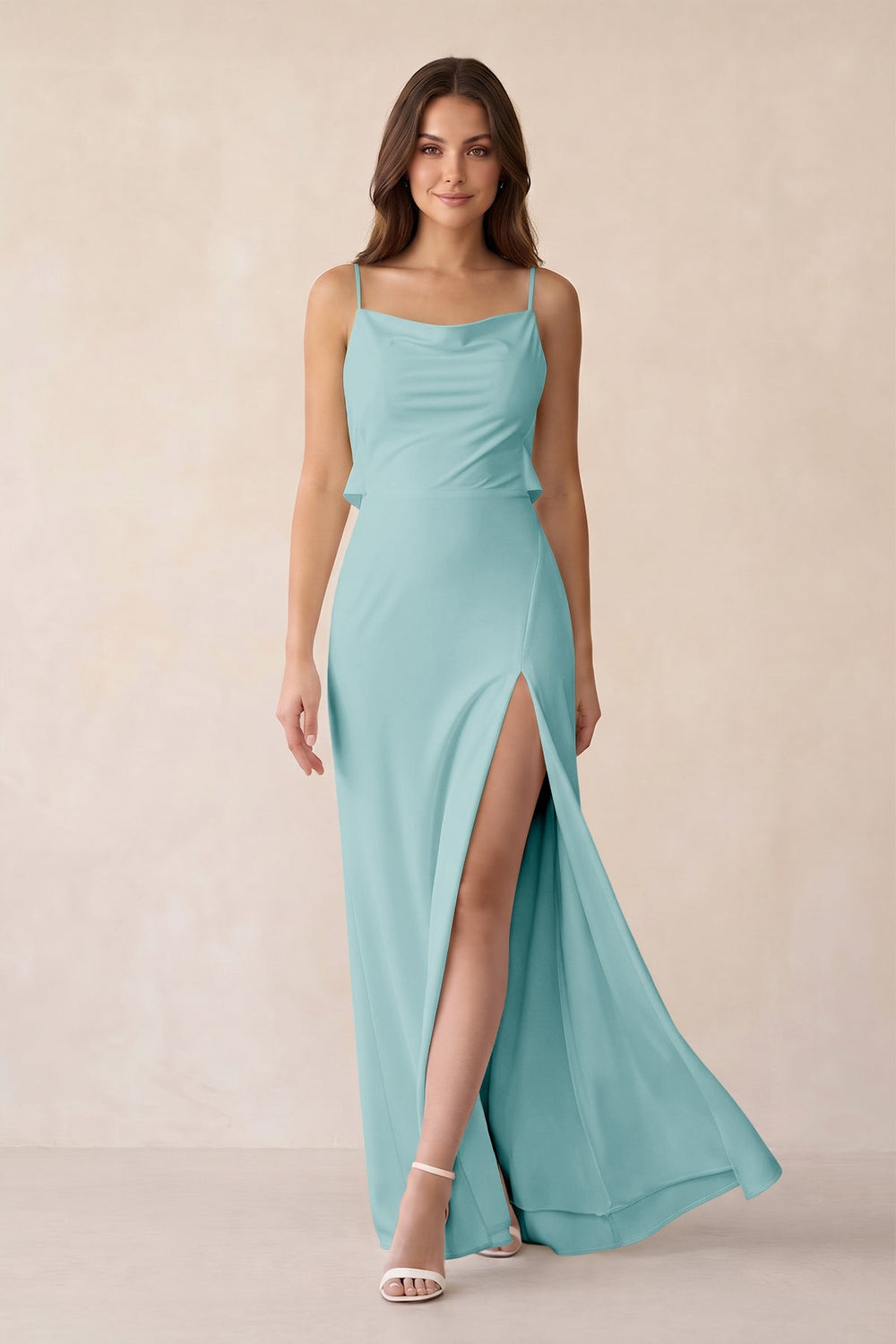 Sheath Satin Bridesmaid Dress with Side Slit in Bleached Aqua - KissProm Bridesmaid Dresses