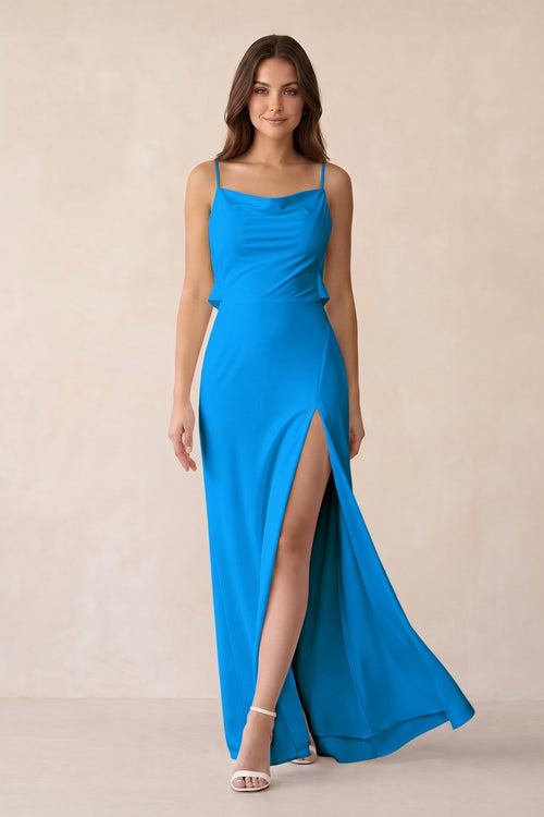 Sheath Satin Bridesmaid Dress with Side Slit in Blue Jay - KissProm Bridesmaid Dresses