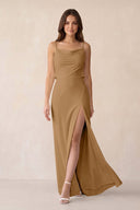 Sheath Satin Bridesmaid Dress with Side Slit in Bronzer - KissProm Bridesmaid Dresses