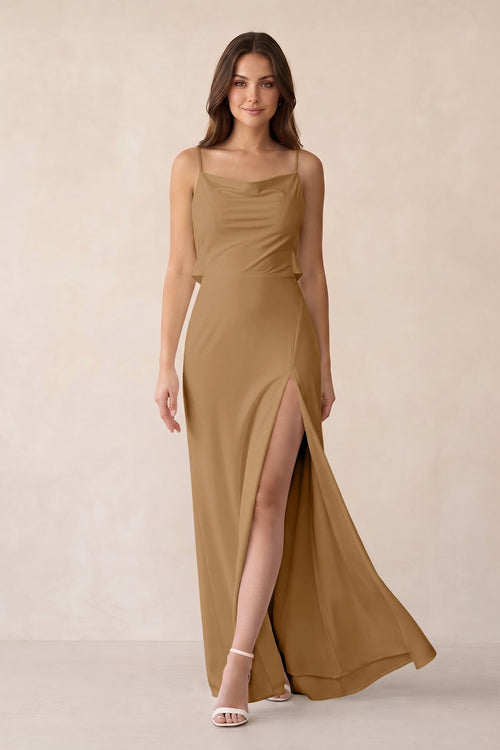 Sheath Satin Bridesmaid Dress with Side Slit in Bronzer - KissProm Bridesmaid Dresses