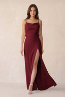 Sheath Satin Bridesmaid Dress with Side Slit in Burgundy - KissProm Bridesmaid Dresses