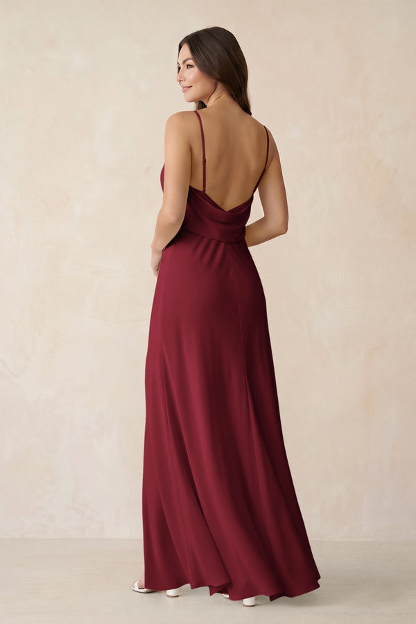 Sheath Satin Bridesmaid Dress with Side Slit in Burgundy - KissProm Bridesmaid Dresses