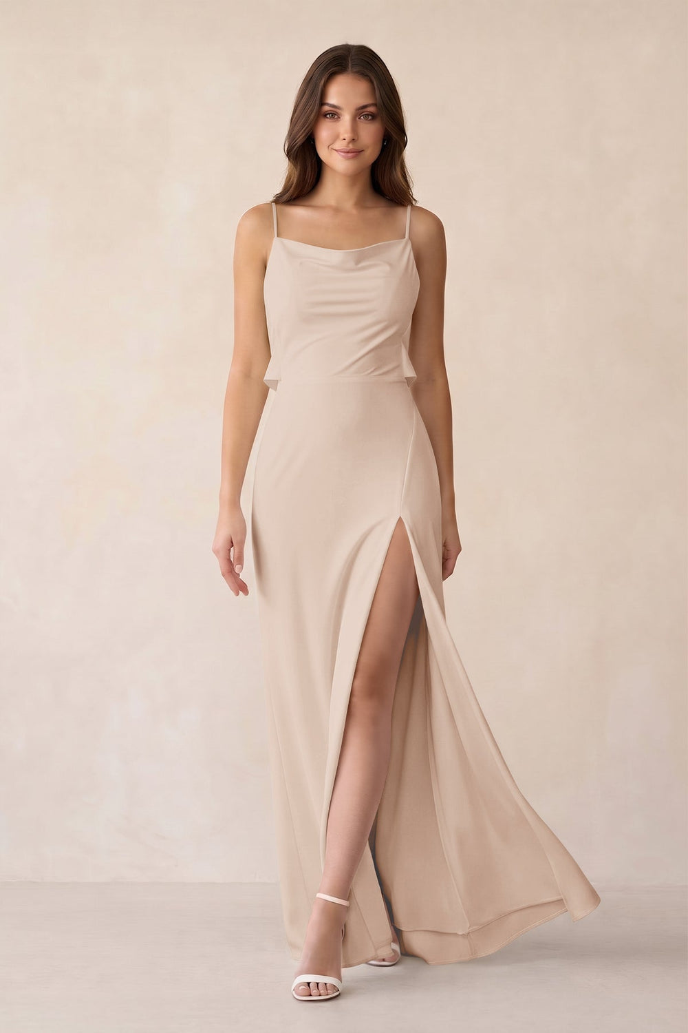 Sheath Satin Bridesmaid Dress with Side Slit in Buttercream - KissProm Bridesmaid Dresses