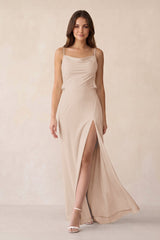 Sheath Satin Bridesmaid Dress with Side Slit in Buttercream - KissProm Bridesmaid Dresses
