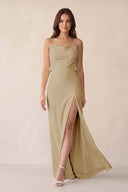 Sheath Satin Bridesmaid Dress with Side Slit in Champagne - KissProm Bridesmaid Dresses