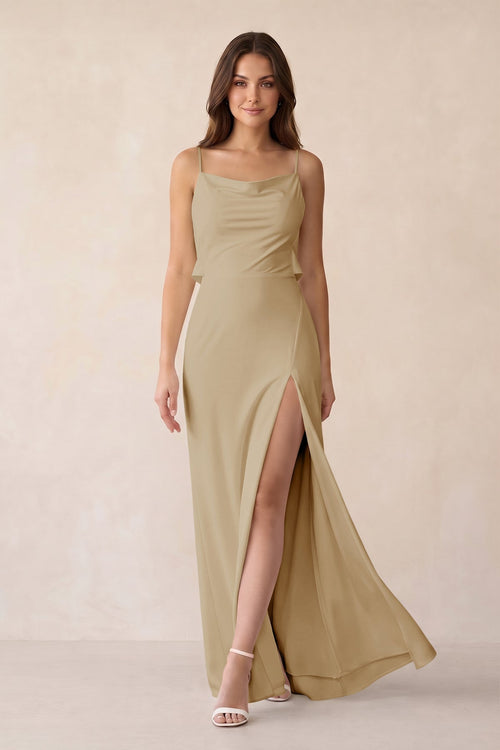 Sheath Satin Bridesmaid Dress with Side Slit in Champagne - KissProm Bridesmaid Dresses