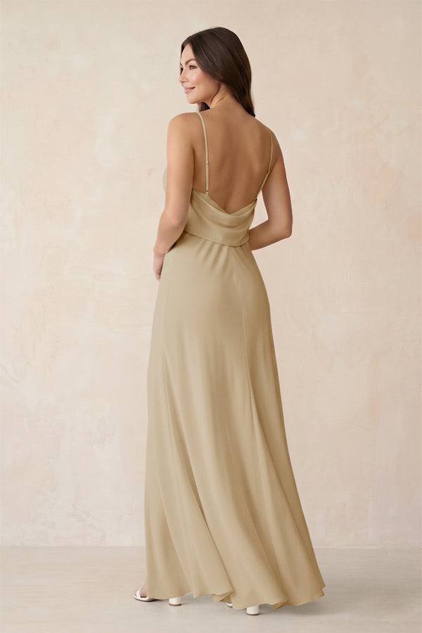 Sheath Satin Bridesmaid Dress with Side Slit in Champagne - KissProm Bridesmaid Dresses