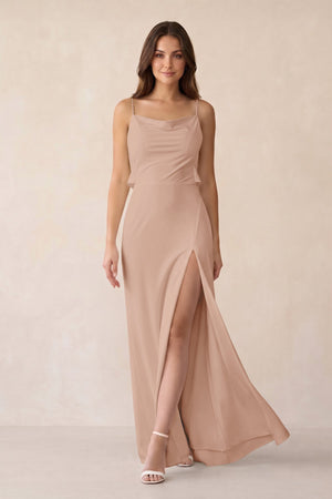 Sheath Satin Bridesmaid Dress with Side Slit in Champagne Rose - KissProm Bridesmaid Dresses