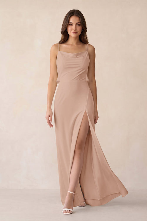 Sheath Satin Bridesmaid Dress with Side Slit in Champagne Rose - KissProm Bridesmaid Dresses