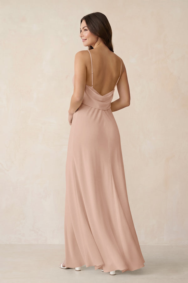 Sheath Satin Bridesmaid Dress with Side Slit in Champagne Rose - KissProm Bridesmaid Dresses