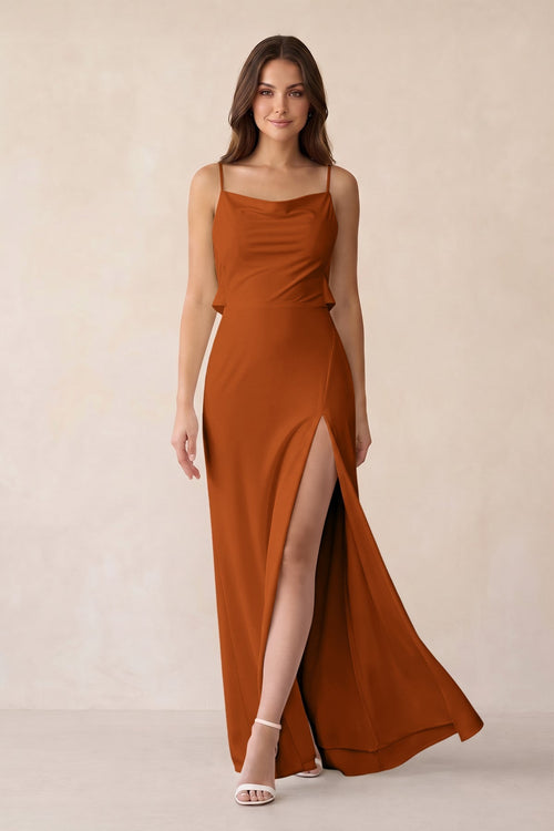 Sheath Satin Bridesmaid Dress with Side Slit in Cinnamon - KissProm Bridesmaid Dresses