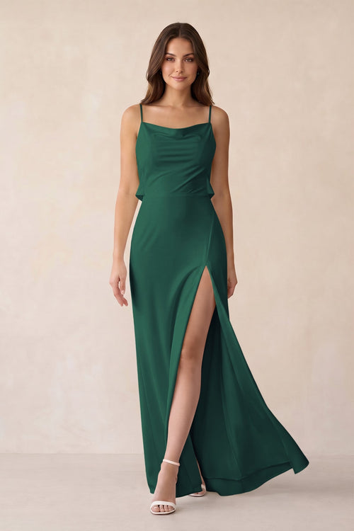 Sheath Satin Bridesmaid Dress with Side Slit in Dark Green - KissProm Bridesmaid Dresses
