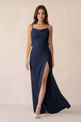 Sheath Satin Bridesmaid Dress with Side Slit in Dark Navy - KissProm Bridesmaid Dresses