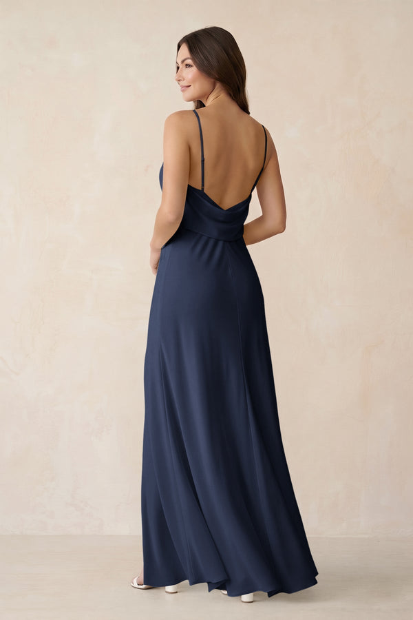Sheath Satin Bridesmaid Dress with Side Slit in Dark Navy - KissProm Bridesmaid Dresses