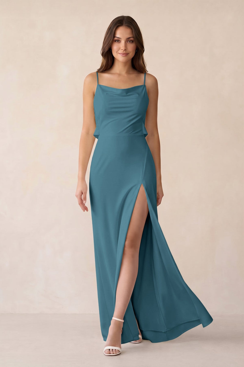 Sheath Satin Bridesmaid Dress with Side Slit in Dark Teal - KissProm Bridesmaid Dresses