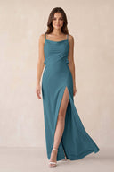 Sheath Satin Bridesmaid Dress with Side Slit in Dark Teal - KissProm Bridesmaid Dresses