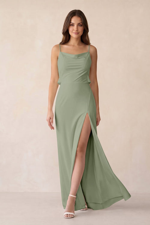 Sheath Satin Bridesmaid Dress with Side Slit in Dove Gray - KissProm Bridesmaid Dresses