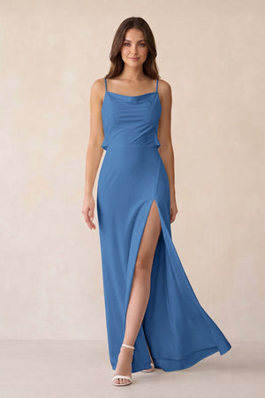 Sheath Satin Bridesmaid Dress with Side Slit in Dusty Blue - KissProm Bridesmaid Dresses