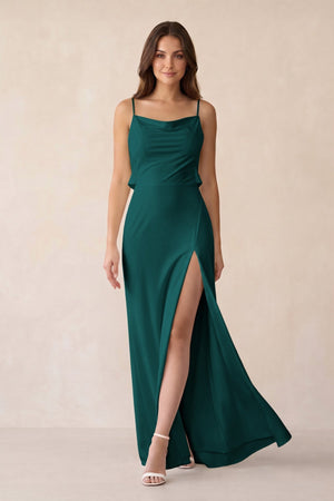 Sheath Satin Bridesmaid Dress with Side Slit in Emerald - KissProm Bridesmaid Dresses