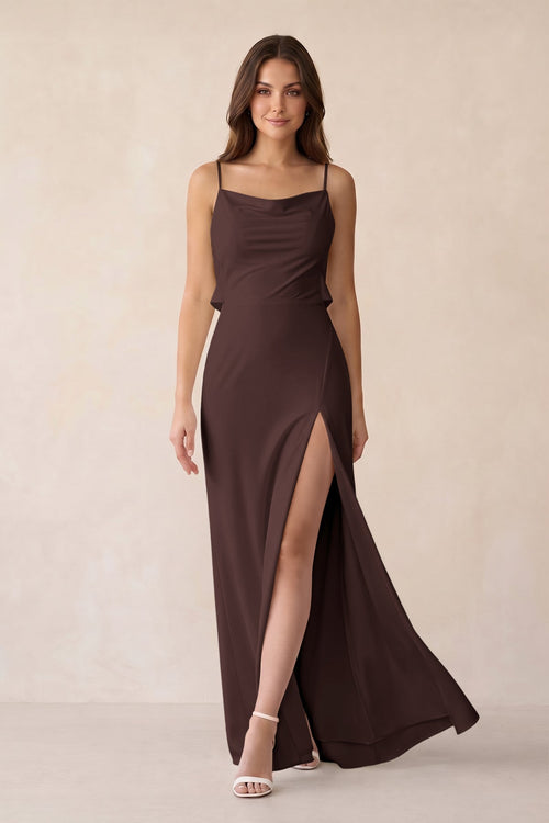 Sheath Satin Bridesmaid Dress with Side Slit in Espresso - KissProm Bridesmaid Dresses