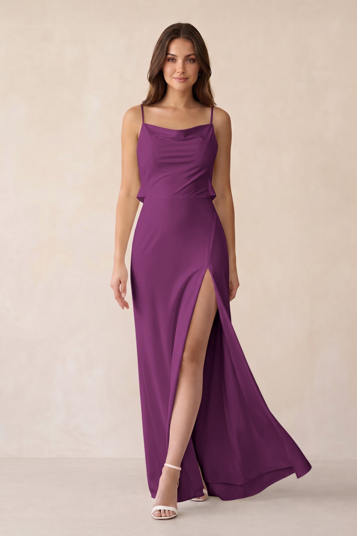 KissProm Sheath Satin Bridesmaid Dress with Side Slit in Fig, Fig / 0