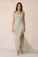 Sheath Satin Bridesmaid Dress with Side Slit in Frost - KissProm Bridesmaid Dresses