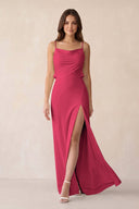 Sheath Satin Bridesmaid Dress with Side Slit in Fuchsia - KissProm Bridesmaid Dresses