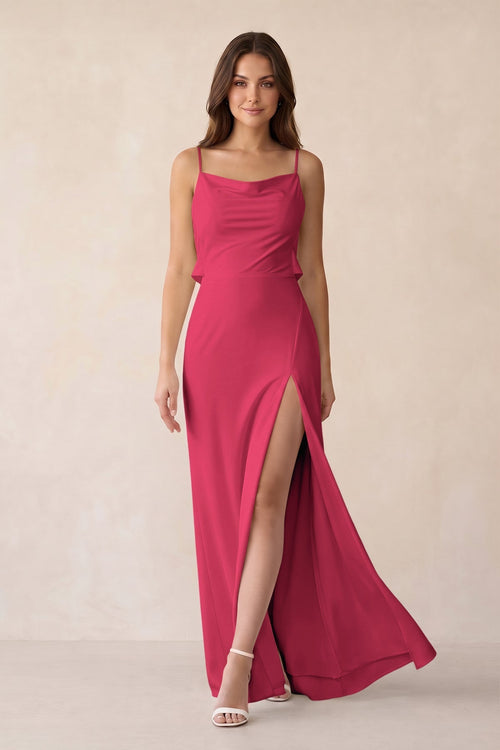 Sheath Satin Bridesmaid Dress with Side Slit in Fuchsia - KissProm Bridesmaid Dresses