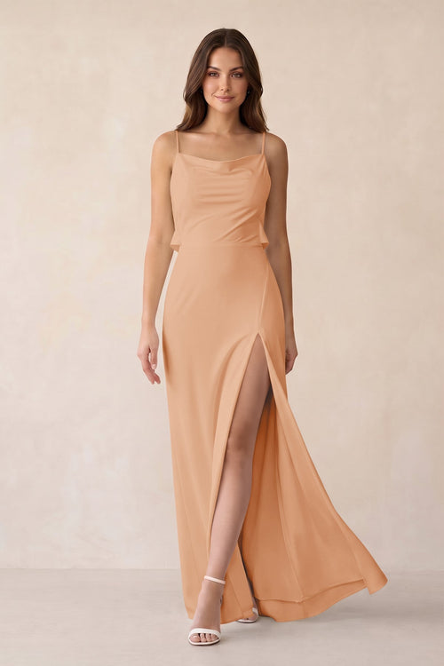 Sheath Satin Bridesmaid Dress with Side Slit in Golden Champagne - KissProm Bridesmaid Dresses